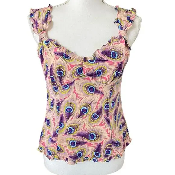Nanette Lepore Size 4 Peacock Feather Print Silk Tank Top - Picture 1 of 4